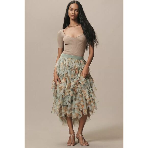 New The Chéri Ruffled Tulle Midi Skirt by Anthropologie Size Medium